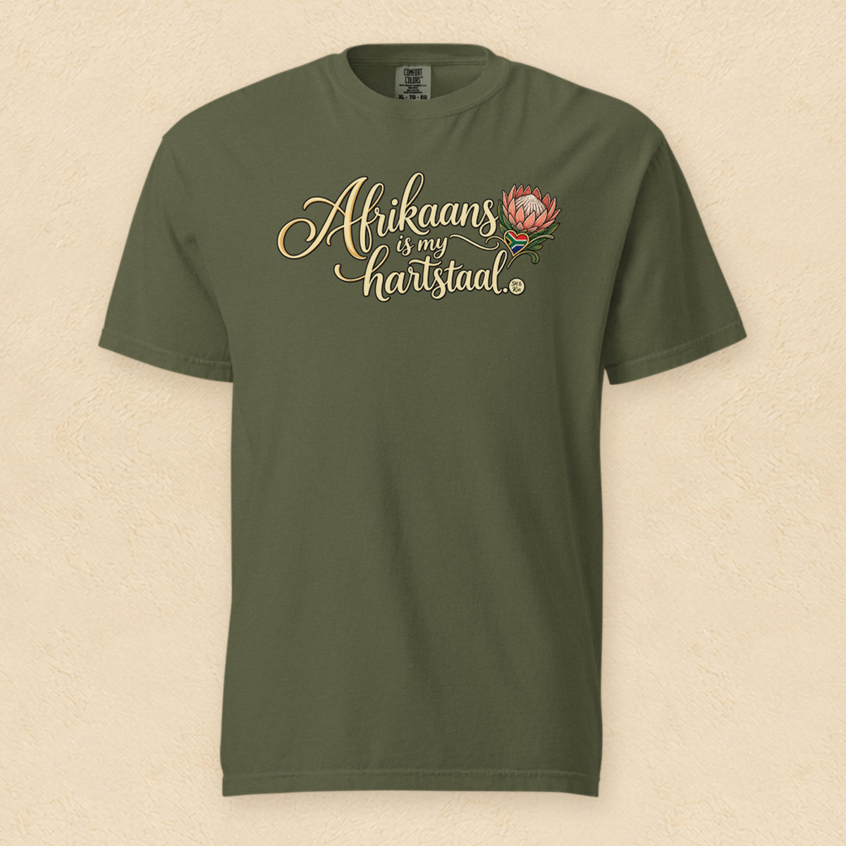 Afrikaans is my hartstaal — Hemp shirt on cream wall