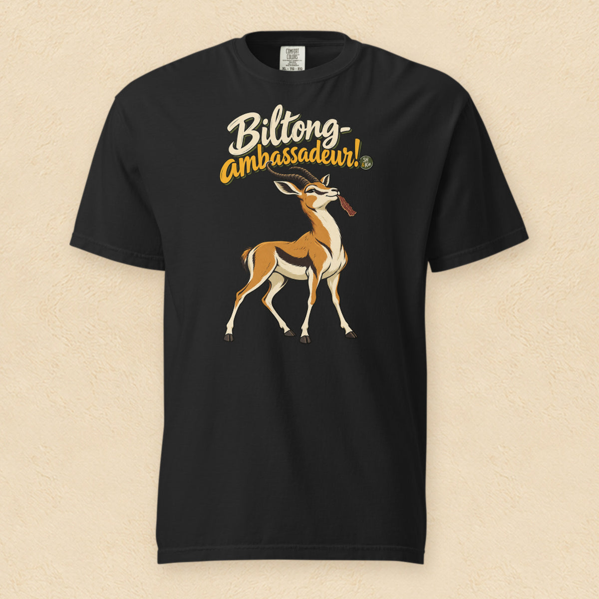 Biltong ambassadeur! — Black shirt on cream wall