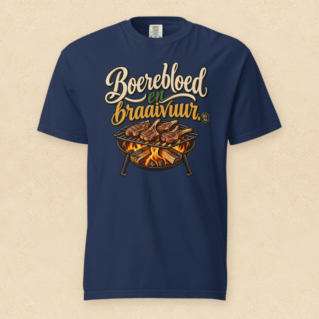 Boerebloed en braaivuur — True Navy shirt on cream wall