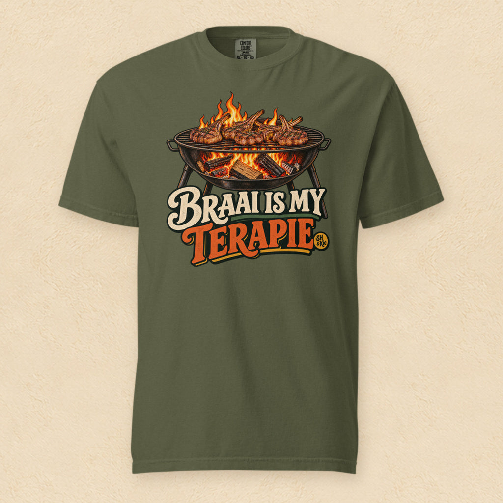 Braai is my terapie — Hemp shirt on cream wall