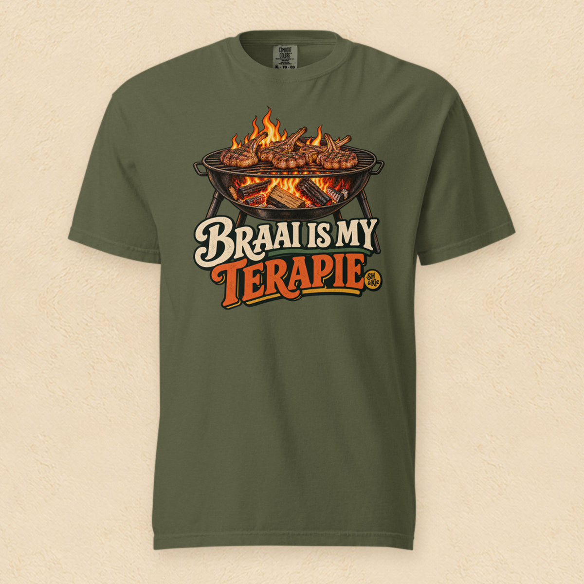 Braai is my terapie — Hemp shirt on cream wall