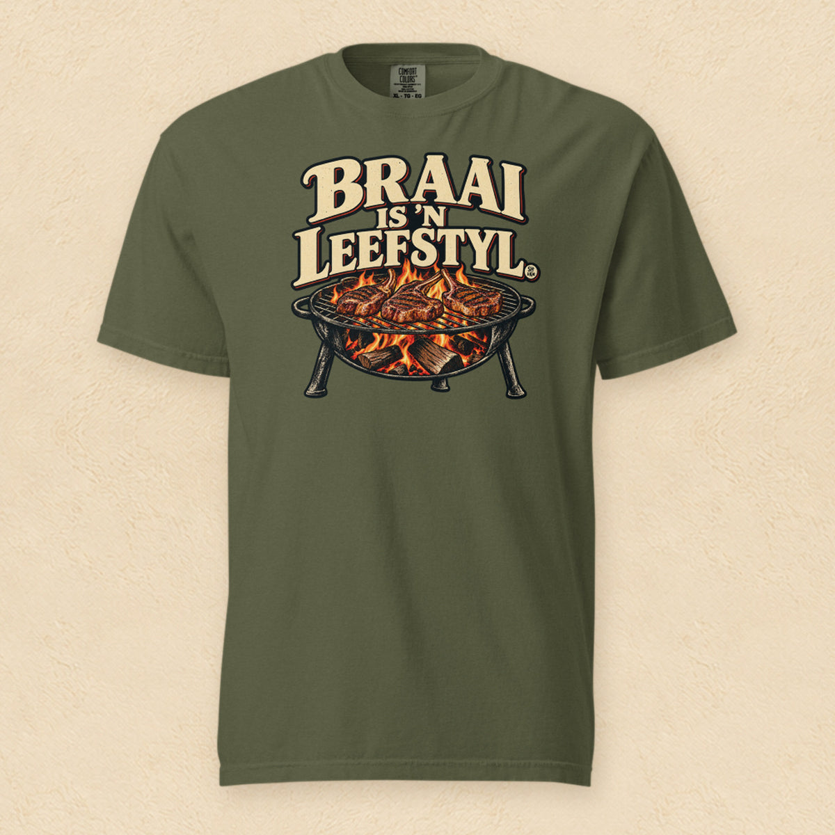 Braai is ’n leefstyl — Hemp shirt on cream wall