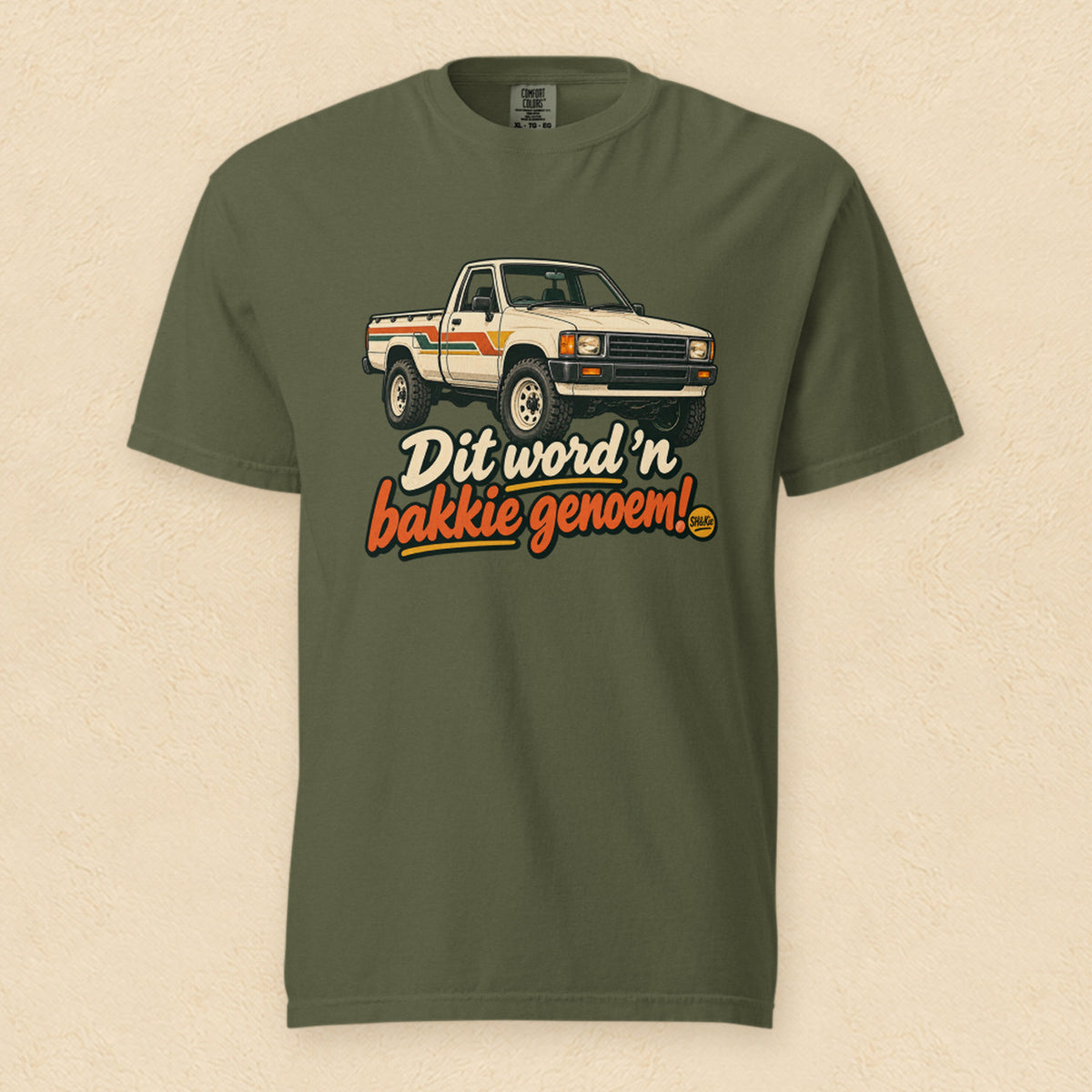 Dit word ’n bakkie genoem! — Hemp shirt on cream wall
