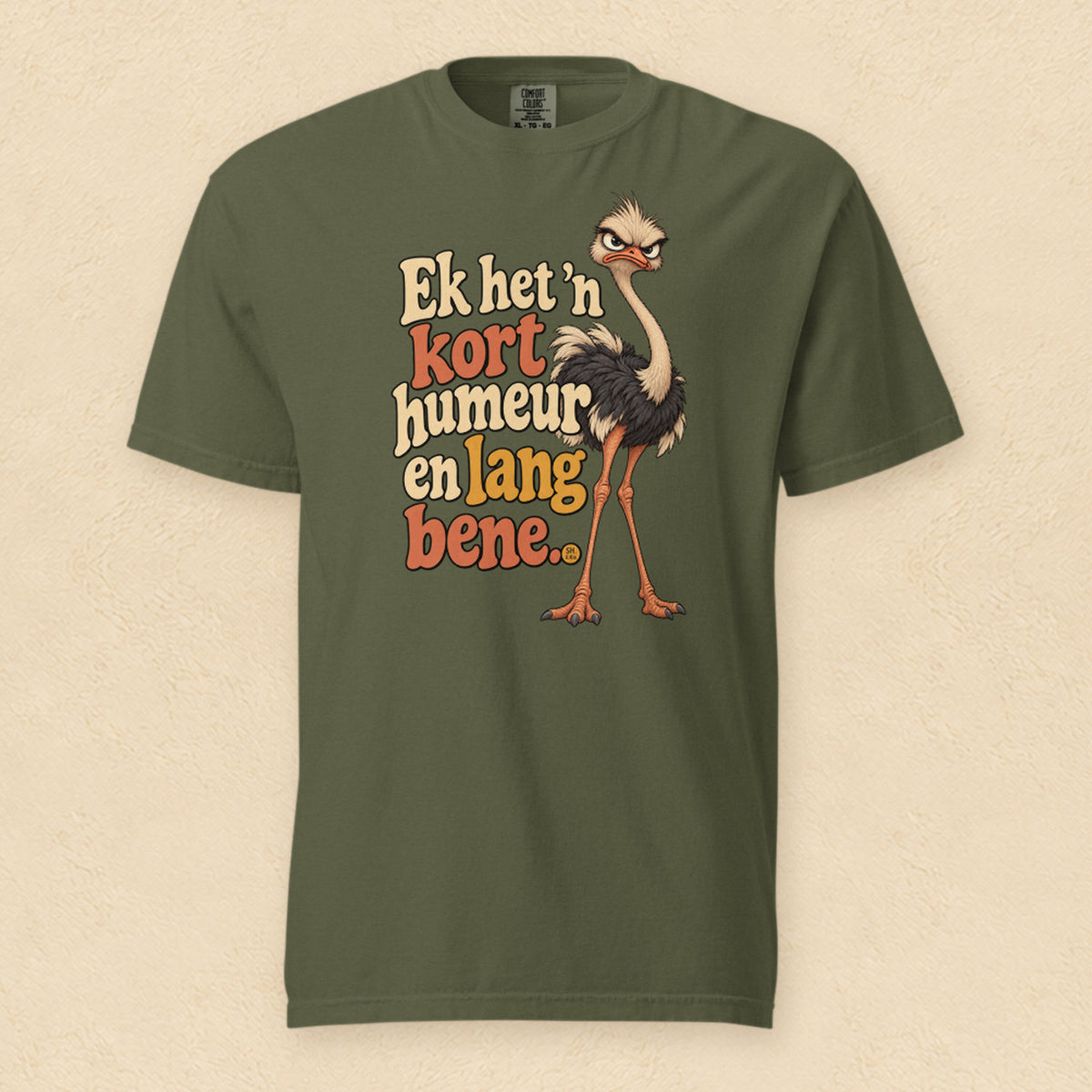 Ek het ’n kort humeur en lang bene — Hemp shirt on cream wall