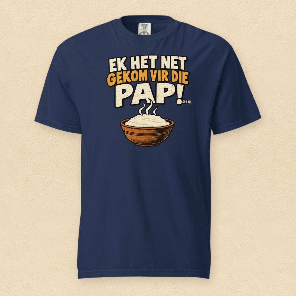 Ek het net gekom vir die pap! — True Navy shirt on cream wall