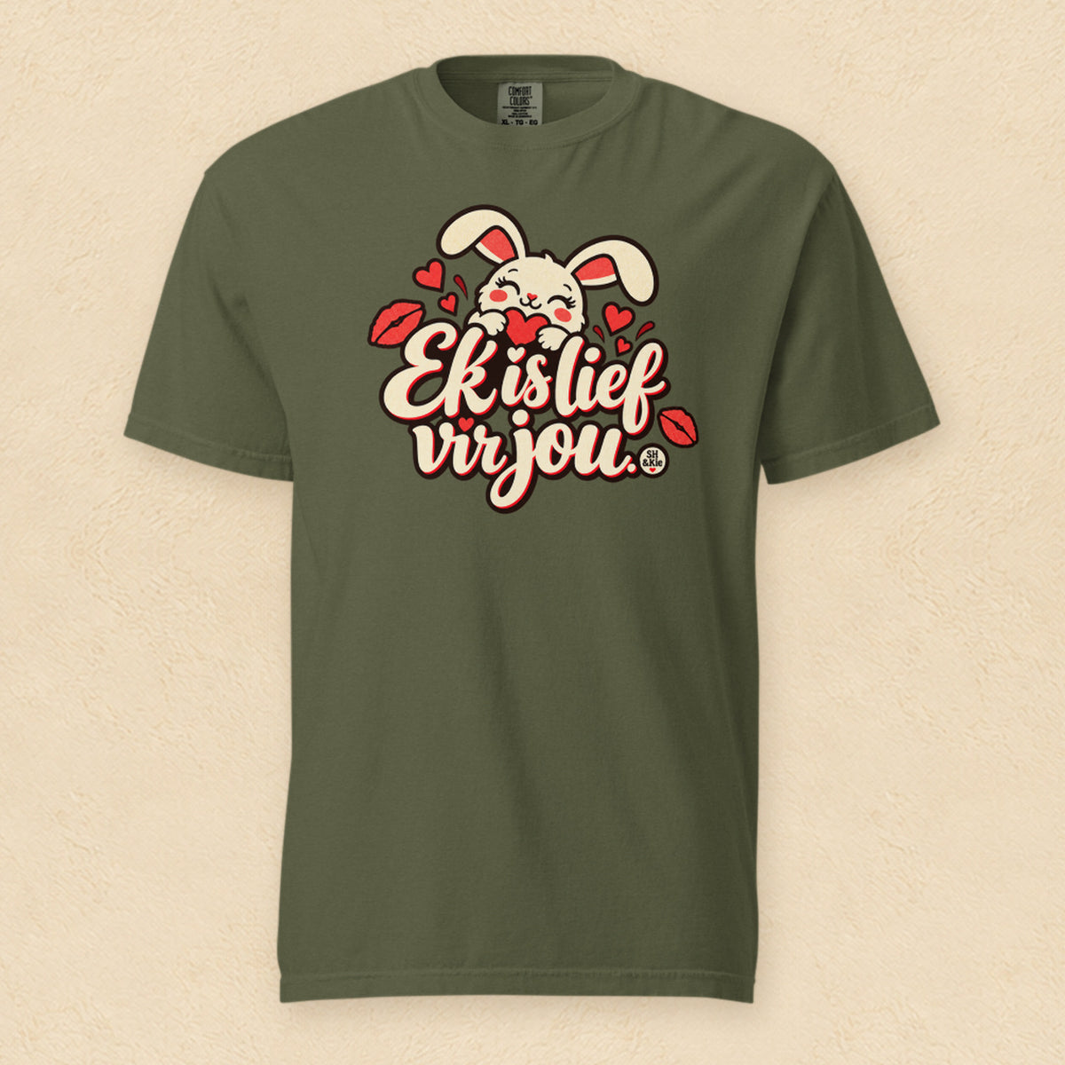 Ek is lief vir jou — Hemp shirt on cream wall