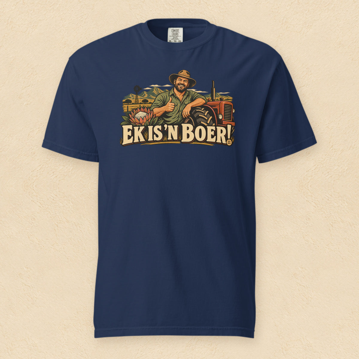 Ek is ’n boer! — True Navy shirt on cream wall