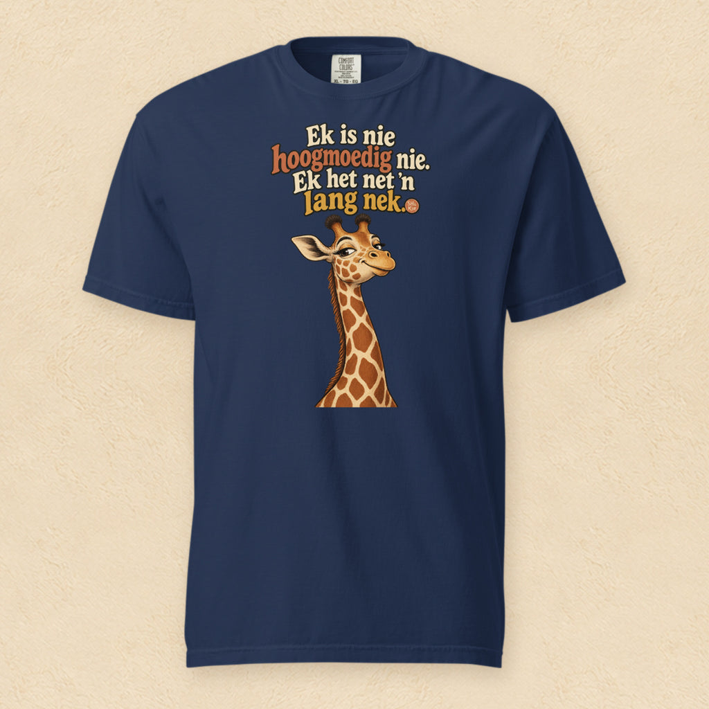 Ek is nie hoogmoedig nie. Ek het net ’n lang nek — True Navy shirt on cream wall
