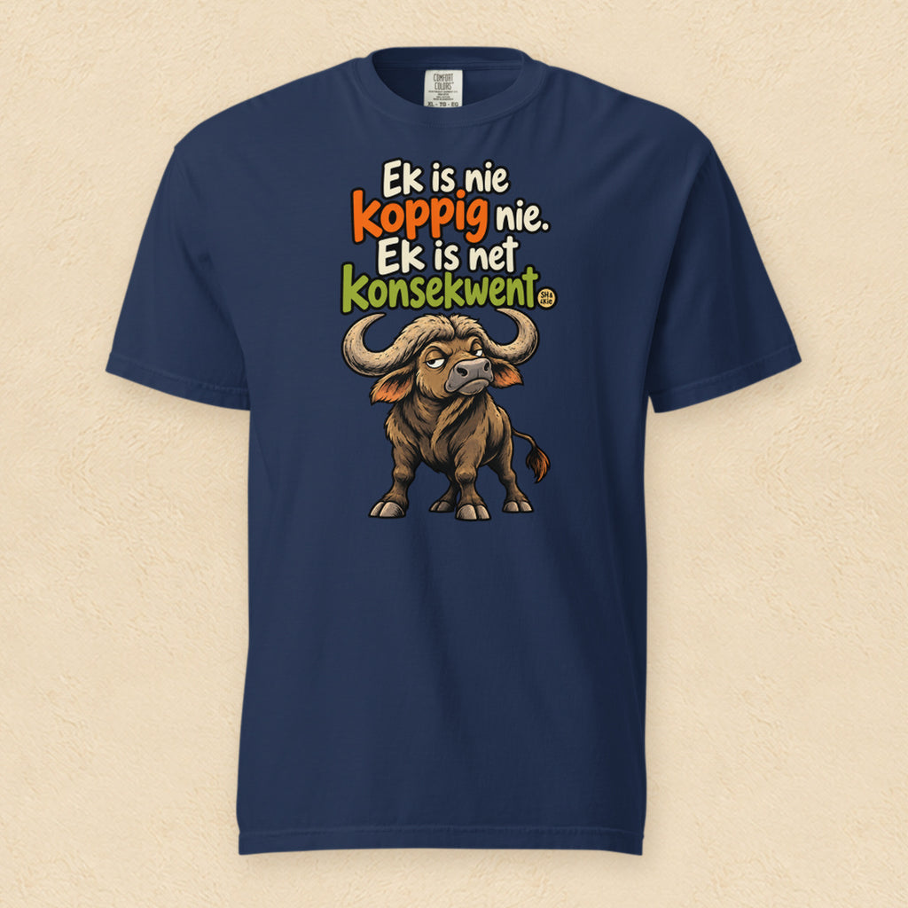 Ek is nie koppig nie. Ek is net konsekwent — True Navy shirt on cream wall