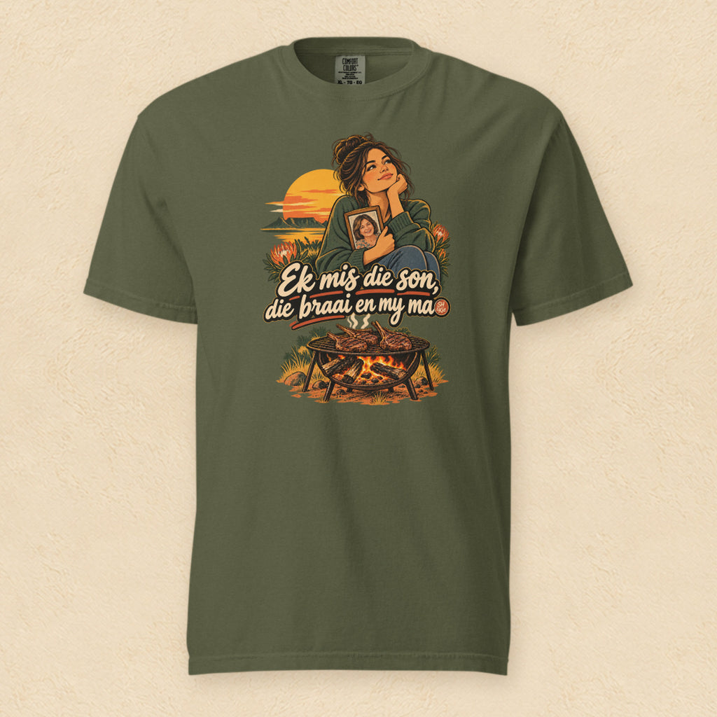 Ek mis die son, die braai en my ma — Hemp shirt on cream wall