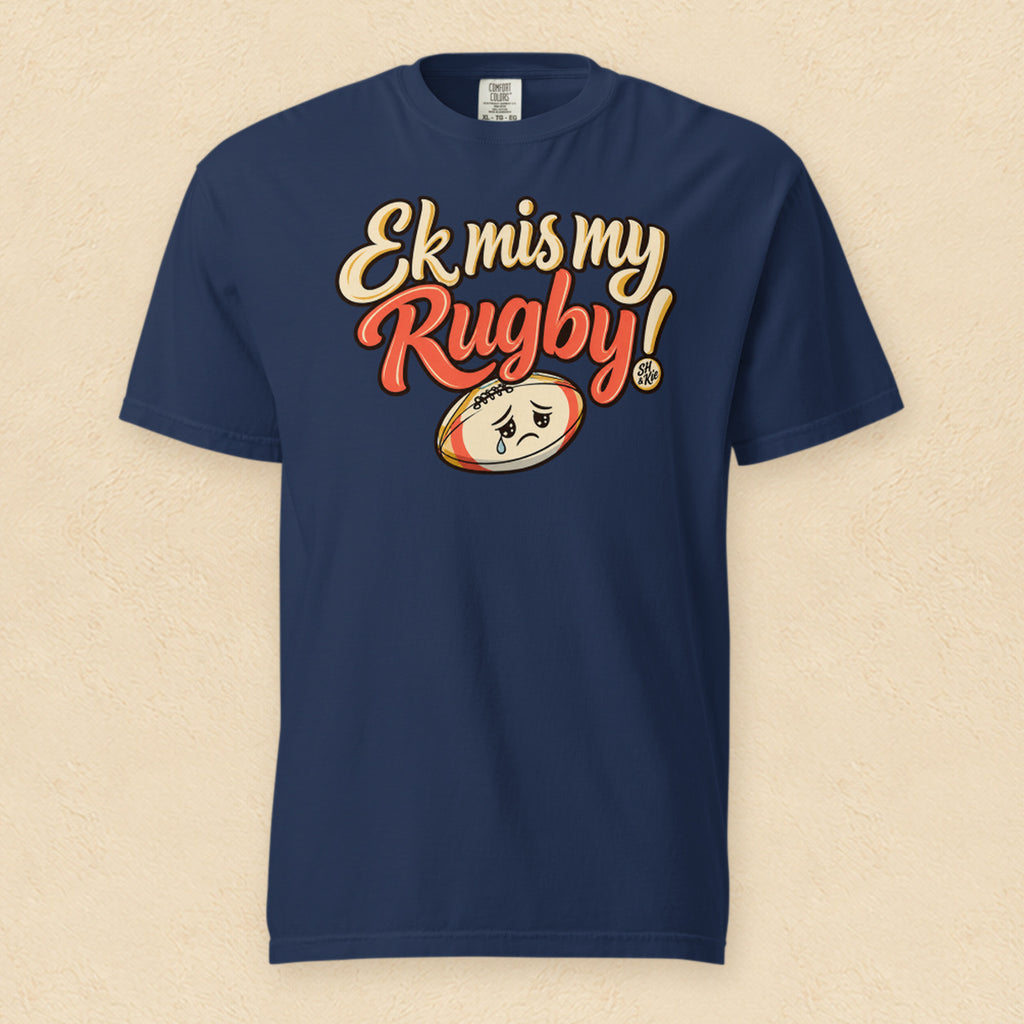 Ek mis my rugby! — True Navy shirt on cream wall
