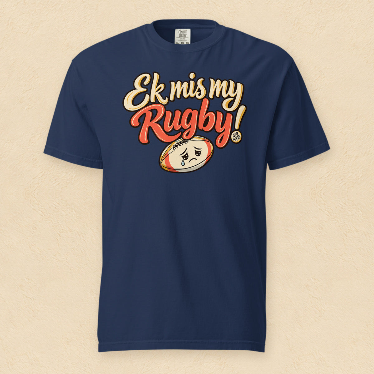 Ek mis my rugby! — True Navy shirt on cream wall