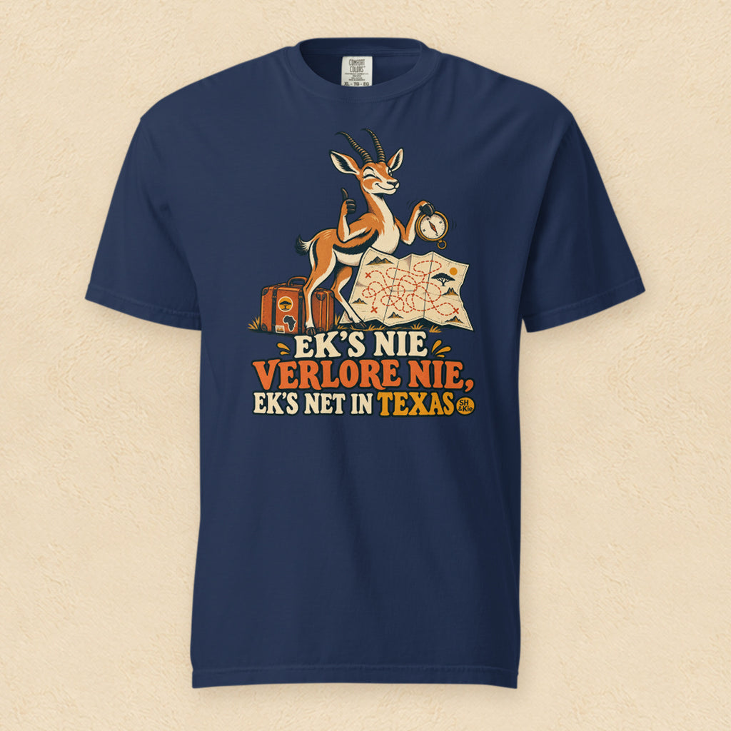 Ek’s nie verlore nie, ek’s net in Texas — True Navy shirt on cream wall