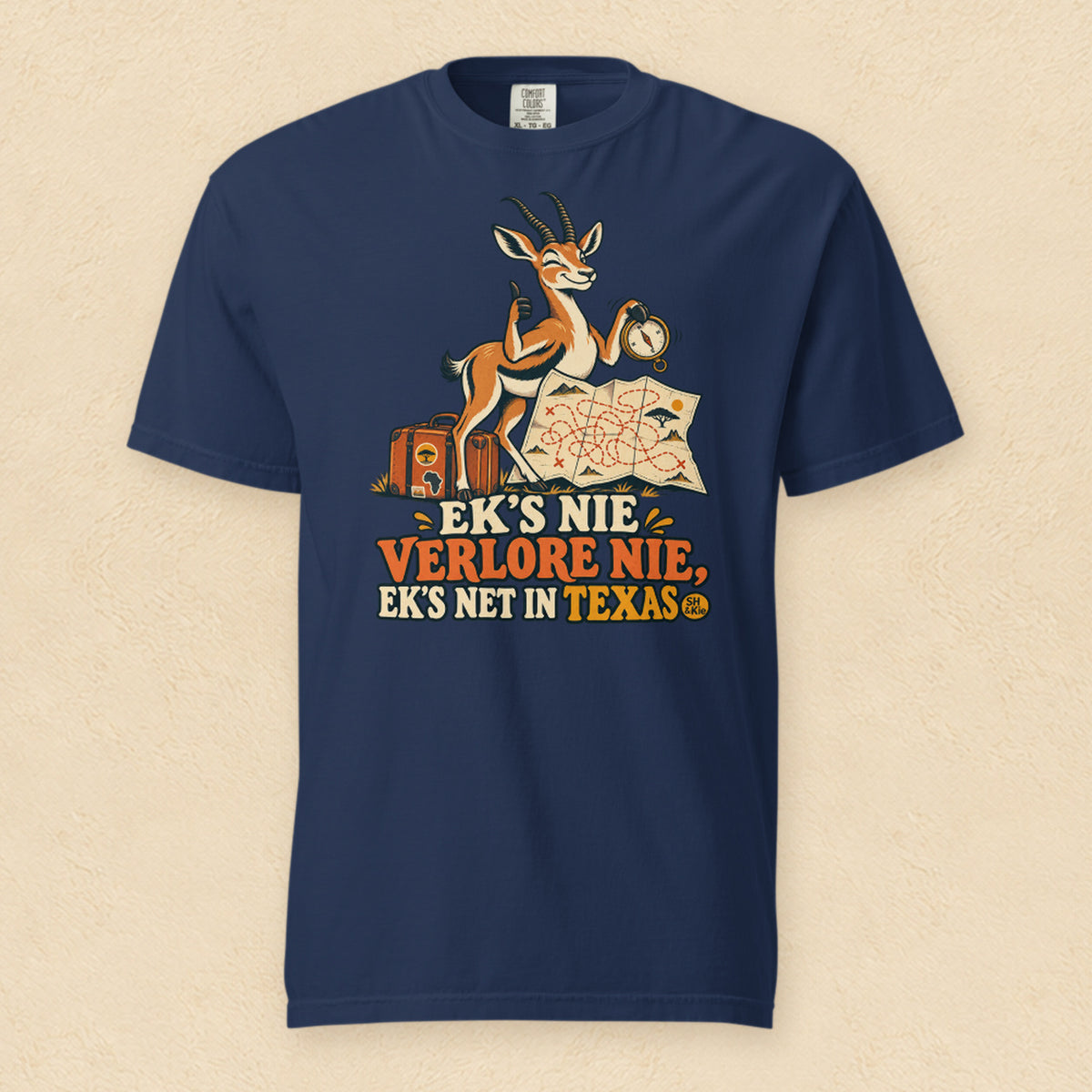 Ek’s nie verlore nie, ek’s net in Texas — True Navy shirt on cream wall