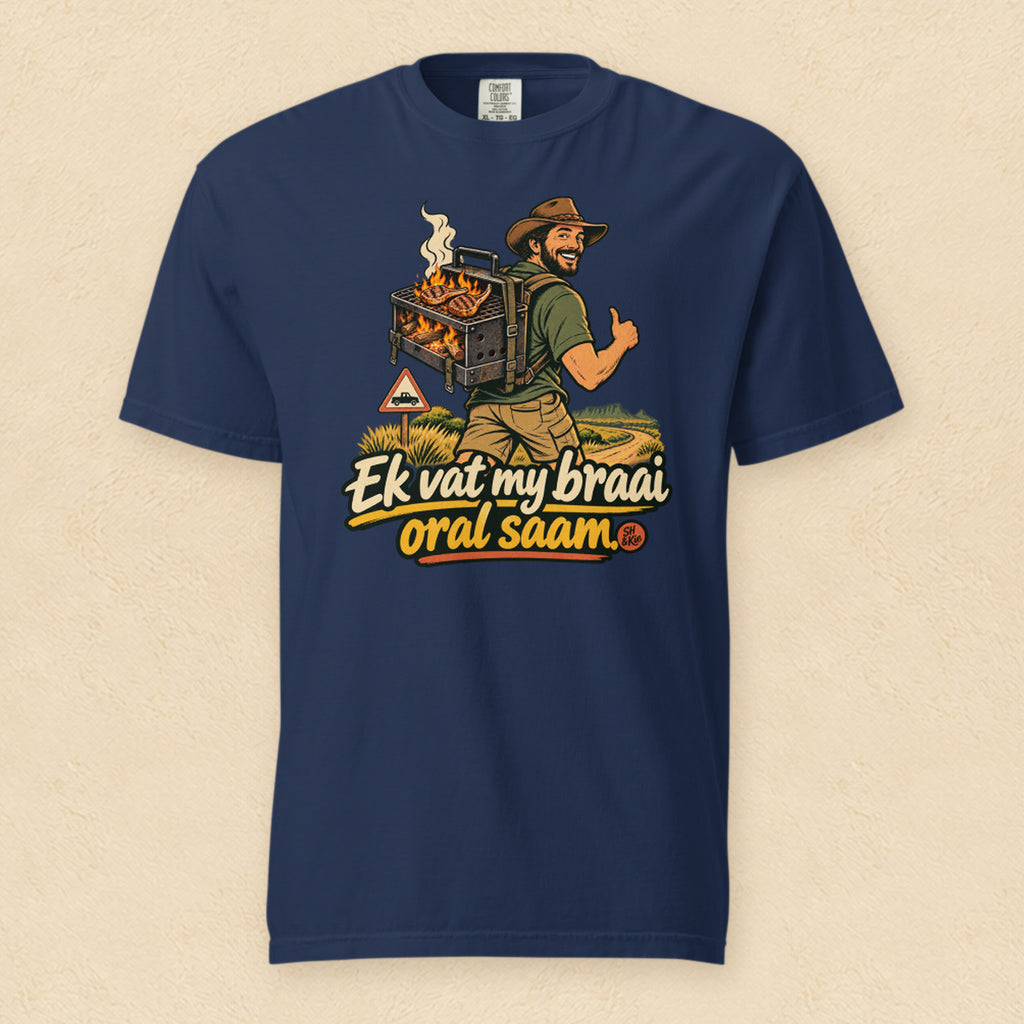 Ek vat my braai oral saam — True Navy shirt on cream wall