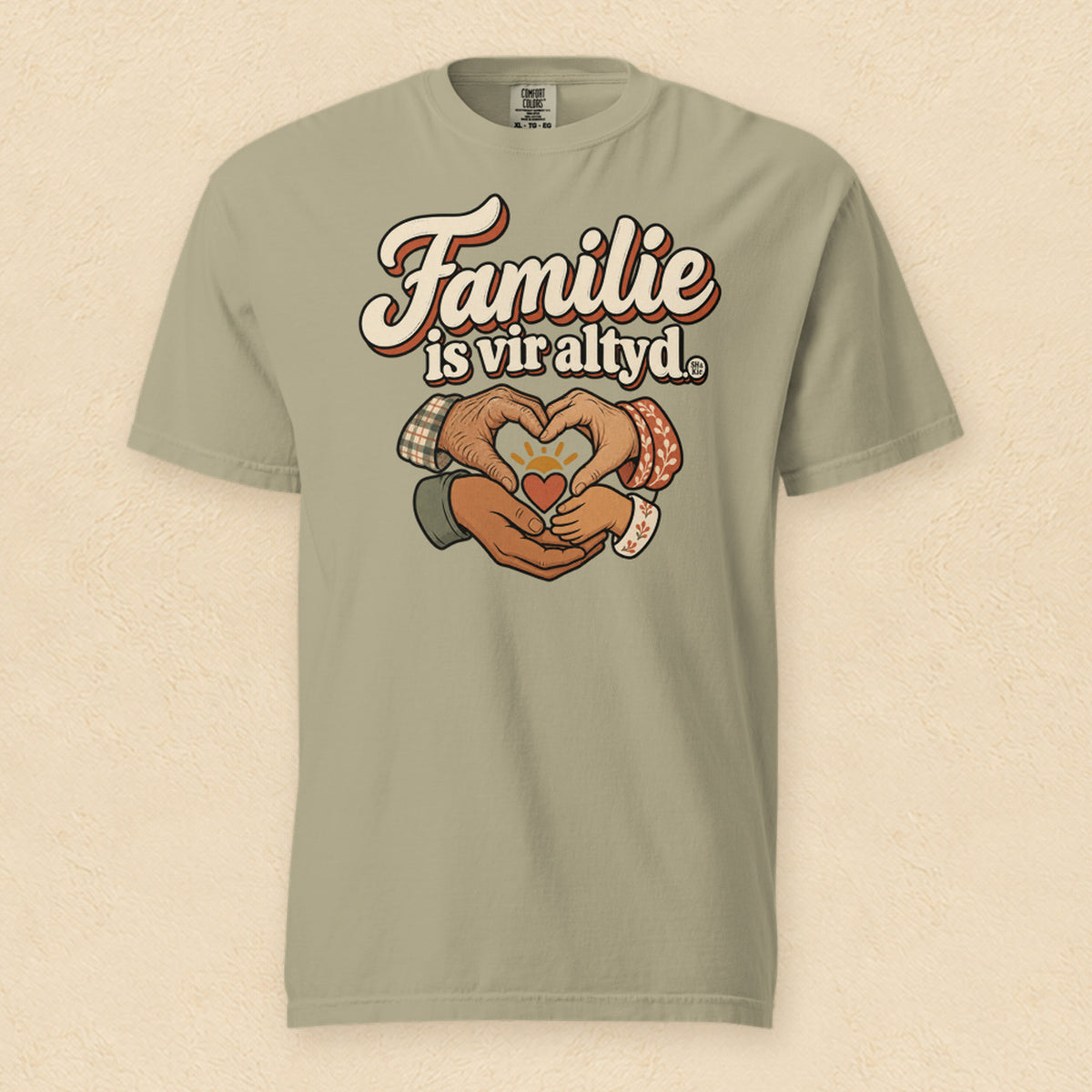 Familie is vir altyd — Khaki shirt on cream wall
