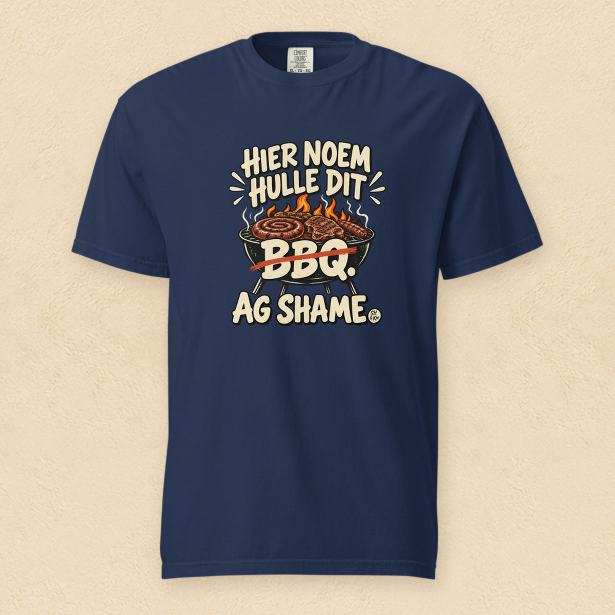 Hier noem hulle dit BBQ. Ag shame — True Navy shirt on cream wall