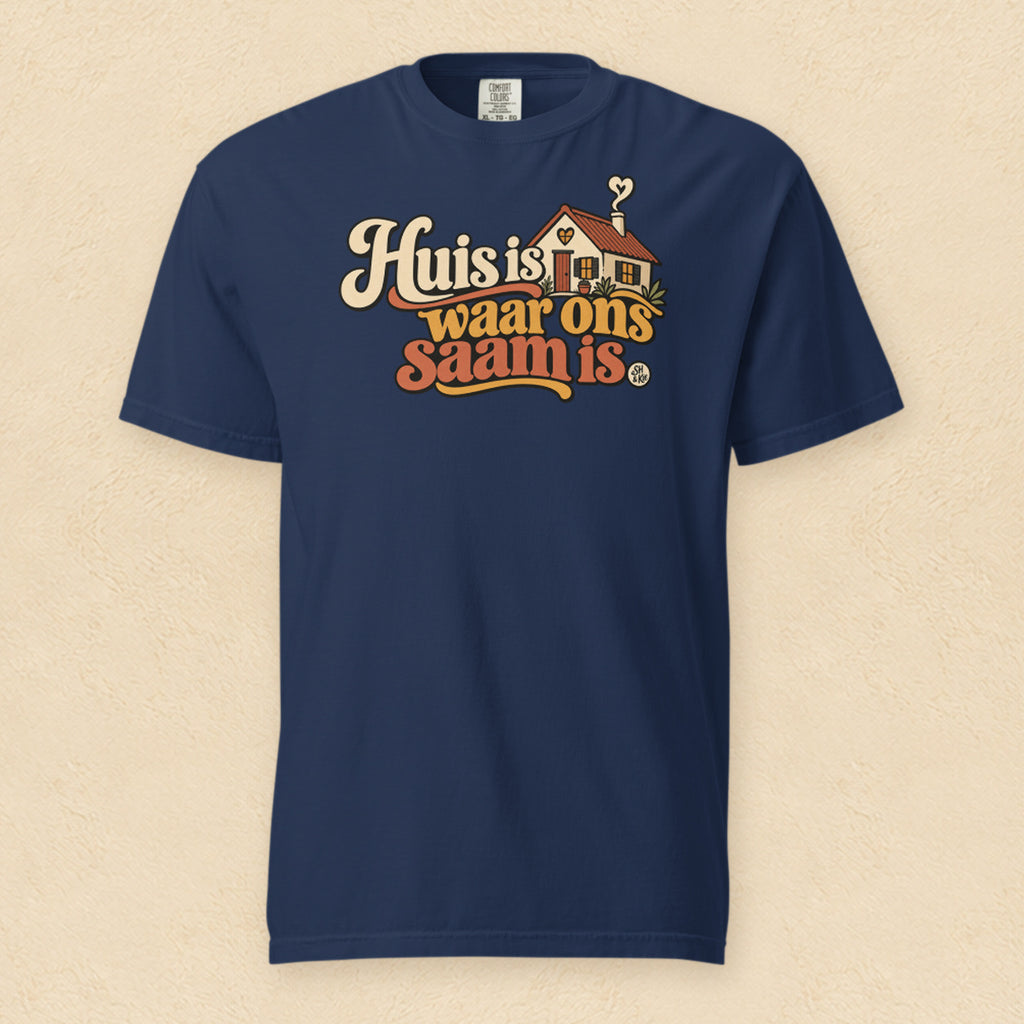 Huis is waar ons saam is — True Navy shirt on cream wall