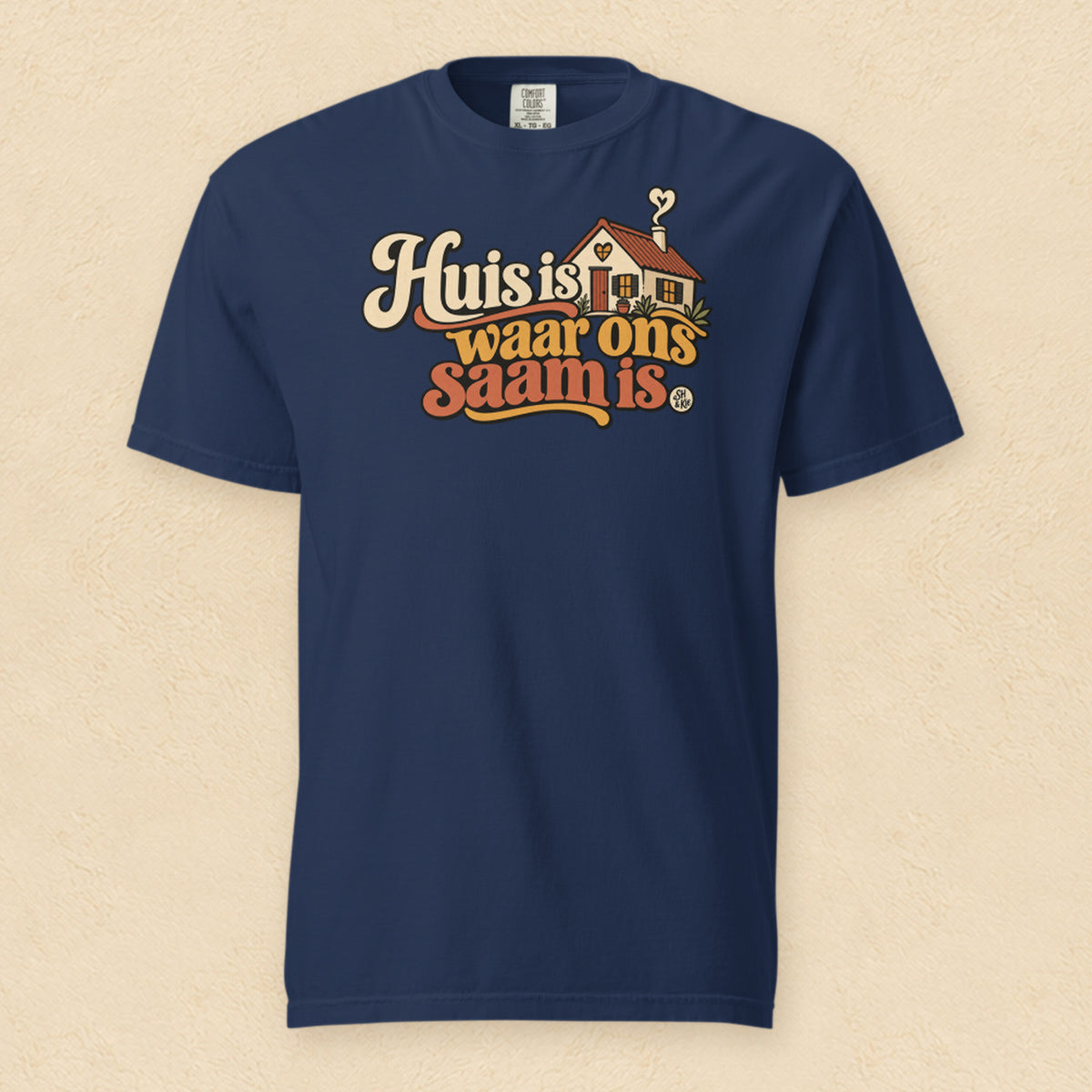 Huis is waar ons saam is — True Navy shirt on cream wall