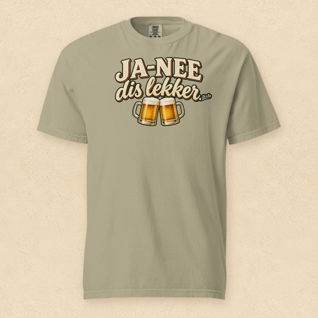 Ja-nee, dis lekker — Khaki shirt on cream wall