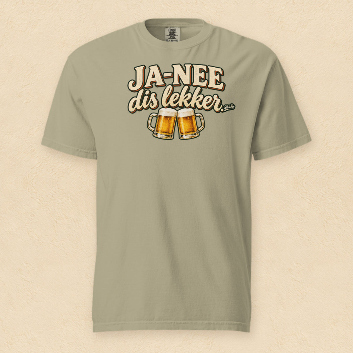 Ja-nee, dis lekker — Khaki shirt on cream wall