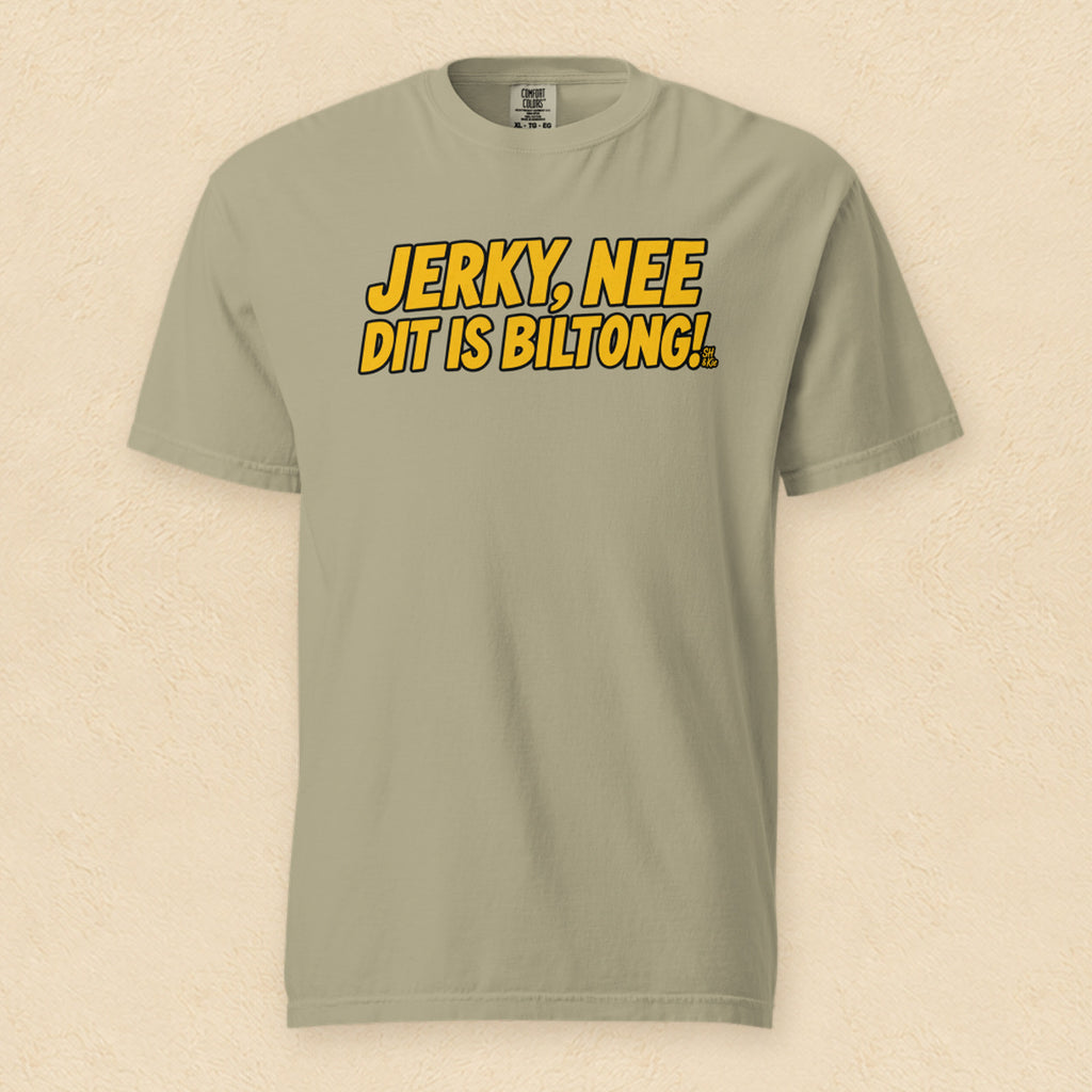 Jerky? Nee, dit is biltong! — Khaki shirt on cream wall