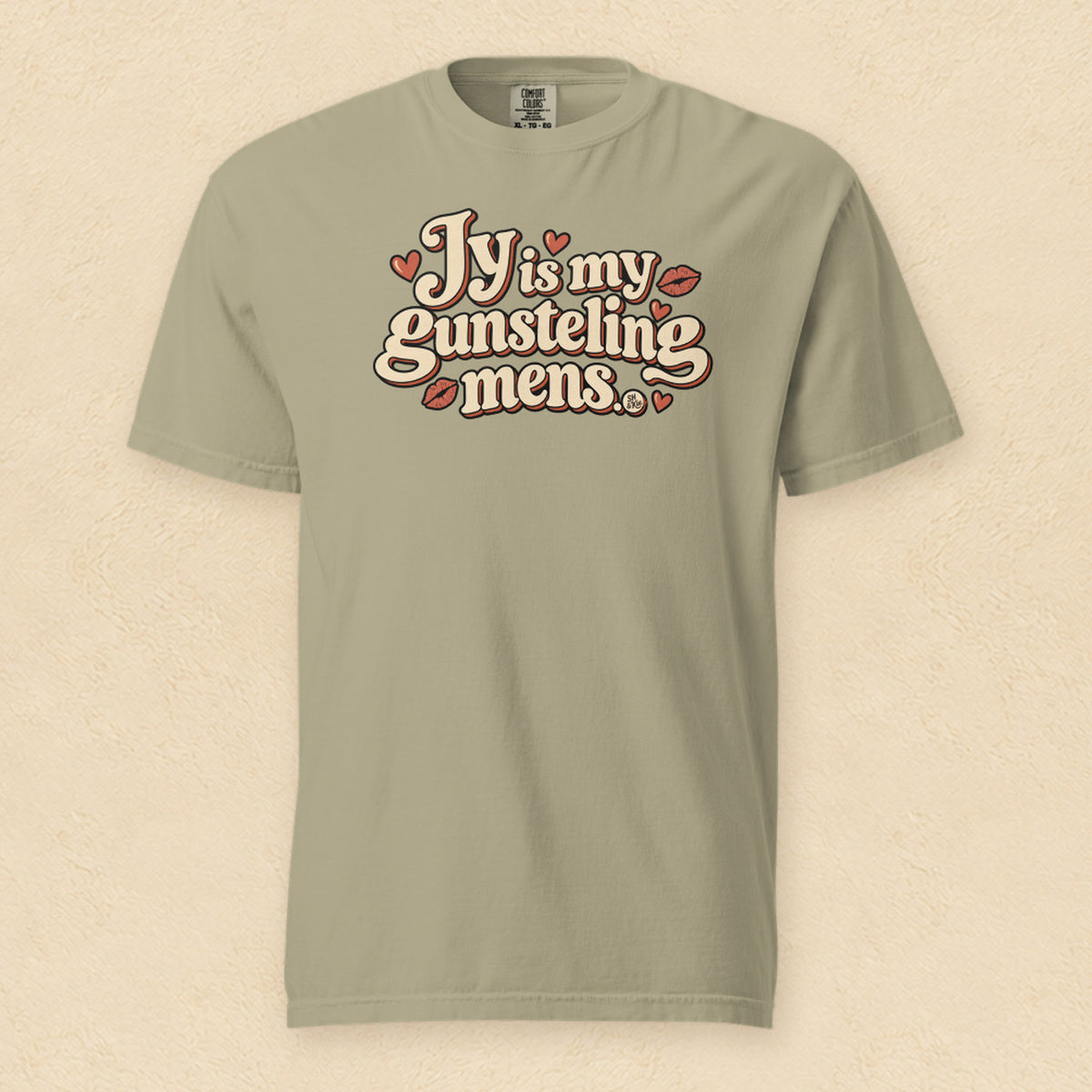 Jy is my gunsteling mens — Khaki shirt on cream wall