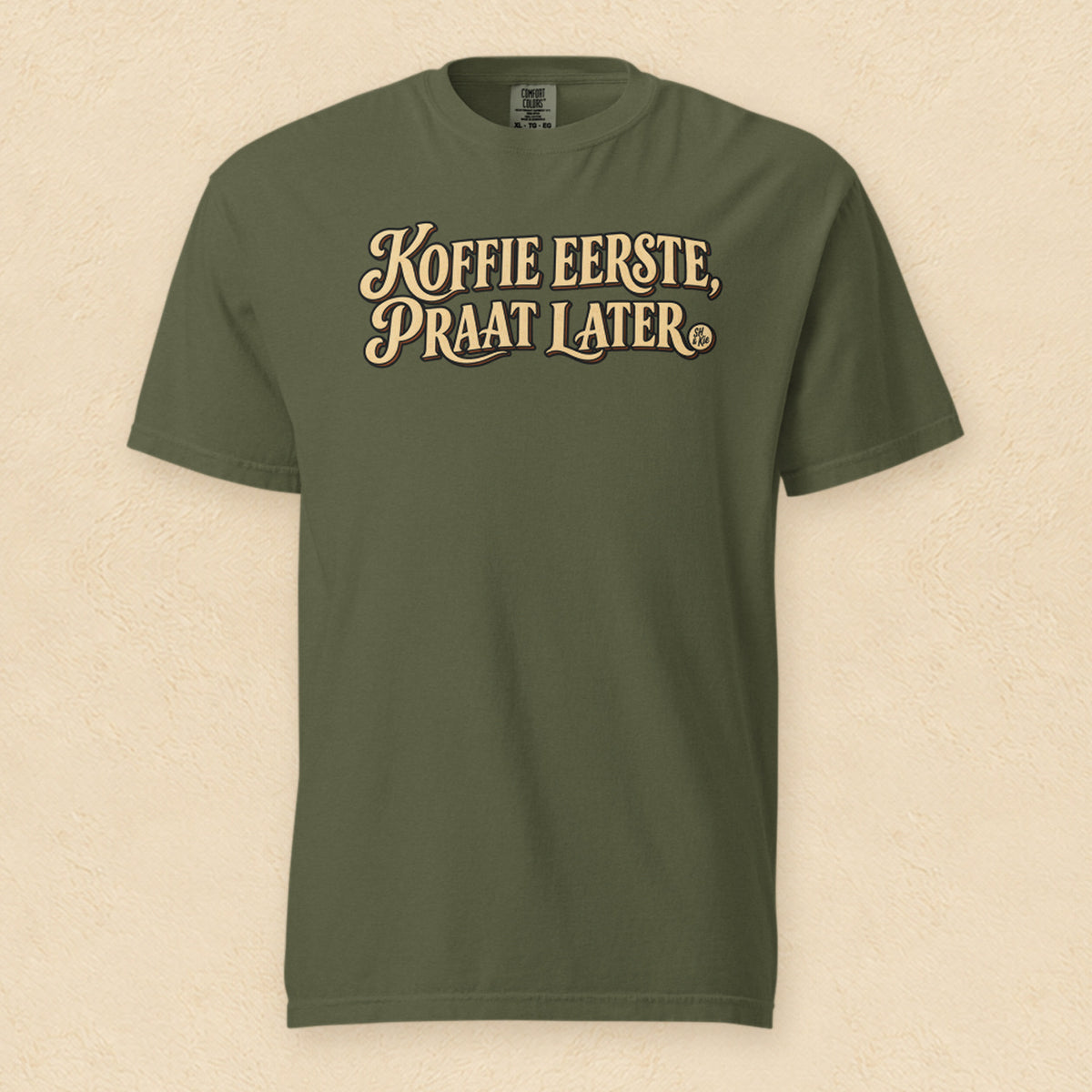 Koffie eerste, praat later — Hemp shirt on cream wall