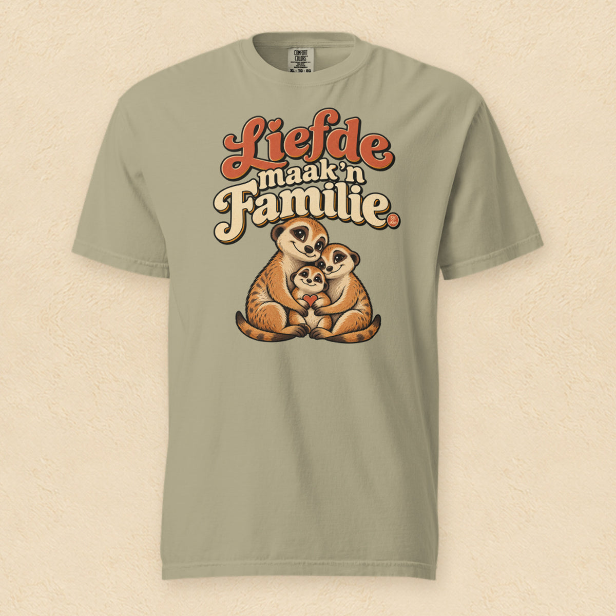 Liefde maak ’n familie — Khaki shirt on cream wall