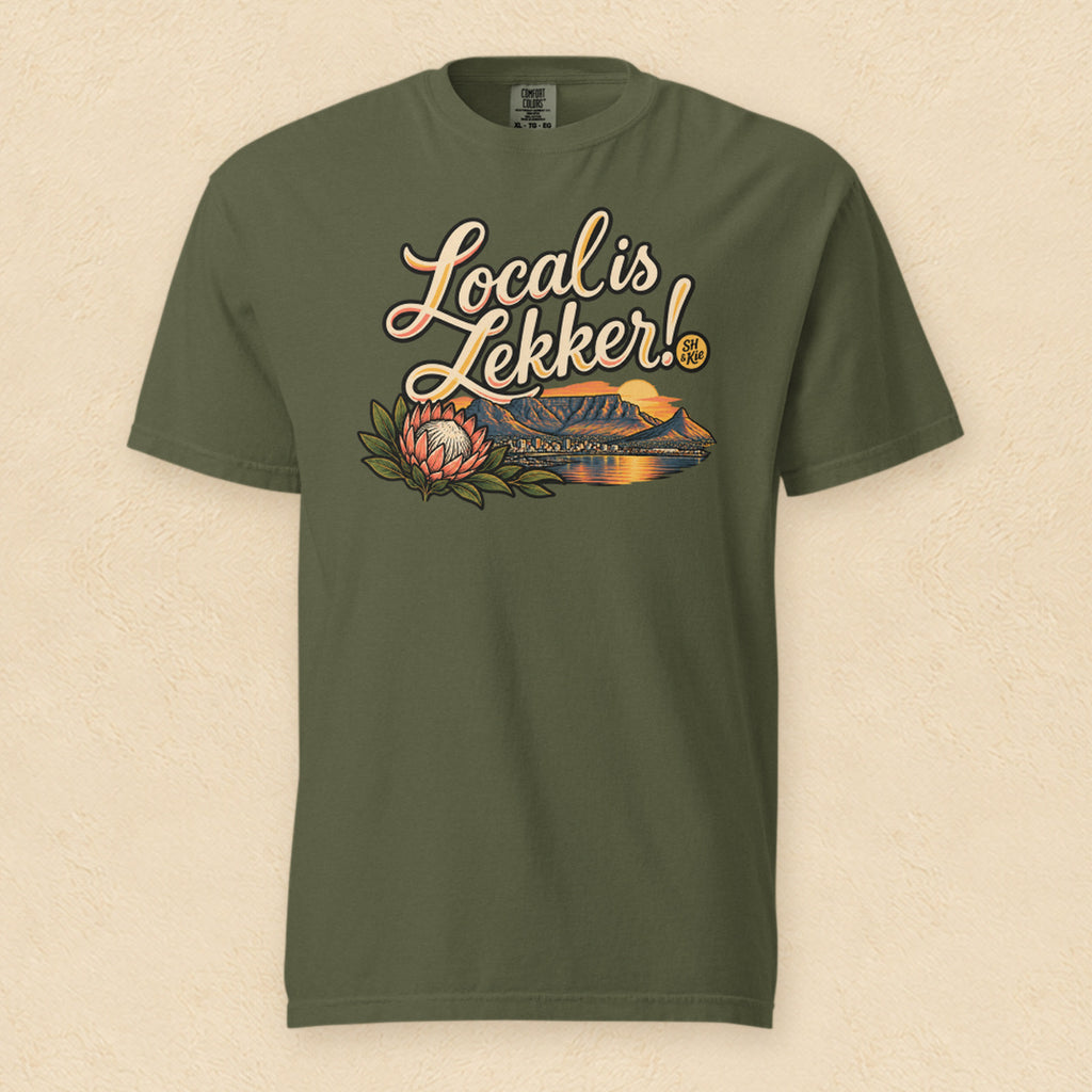 Local is lekker! — Hemp shirt on cream wall