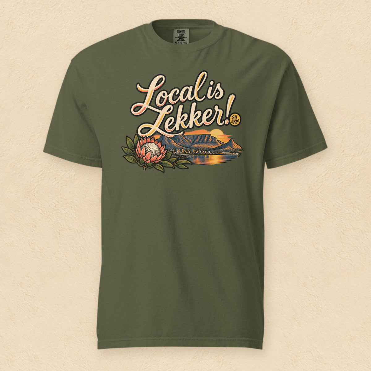 Local is lekker! — Hemp shirt on cream wall