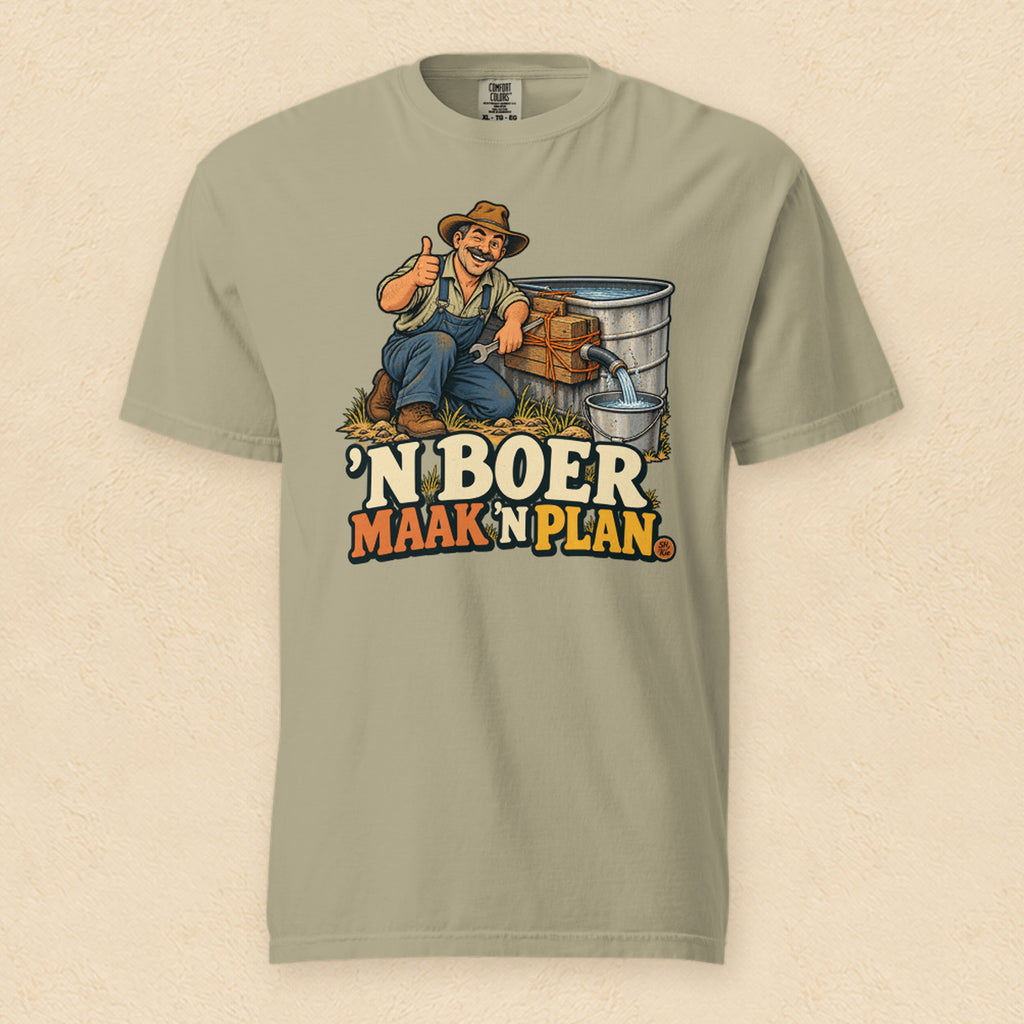 ’n Boer maak ’n plan — Khaki shirt on cream wall