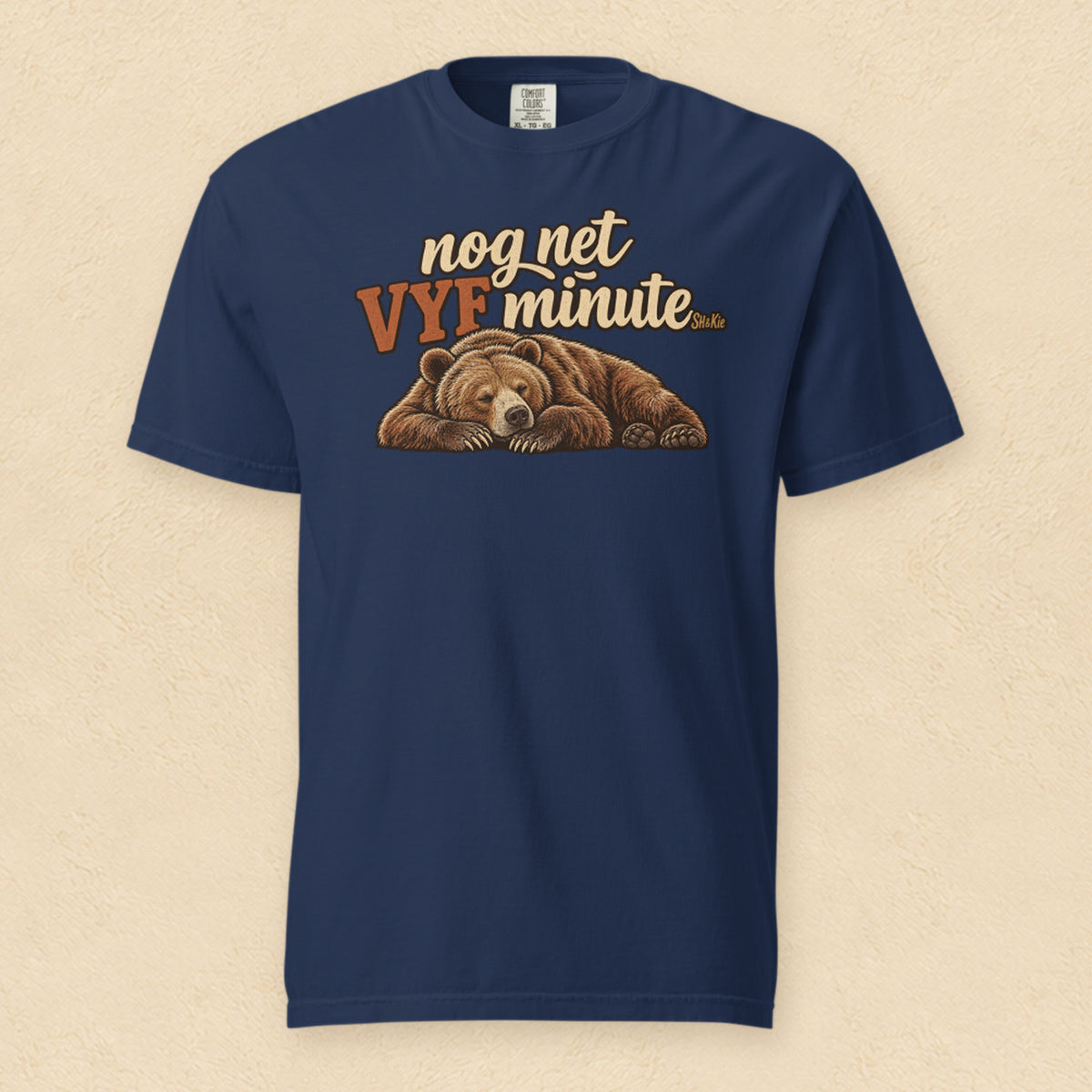Nog net vyf minute — True Navy shirt on cream wall