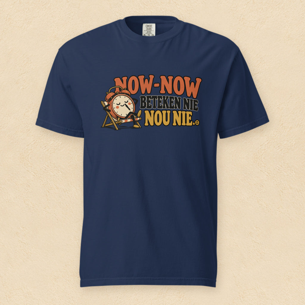 Now-now beteken nie nou nie — True Navy shirt on cream wall
