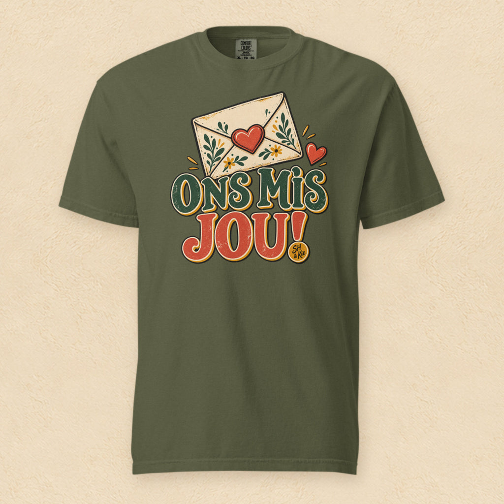 Ons mis jou! — Hemp shirt on cream wall