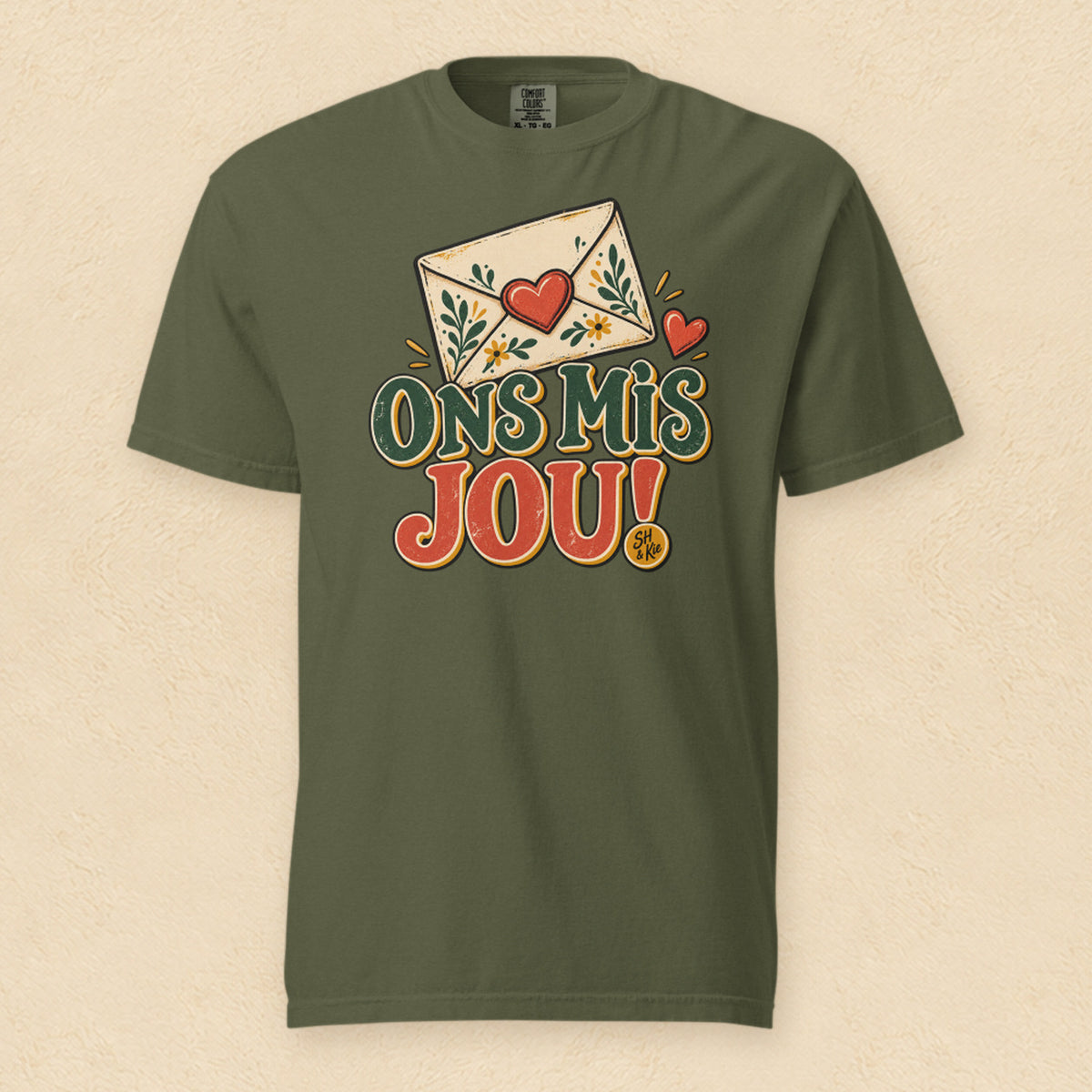 Ons mis jou! — Hemp shirt on cream wall