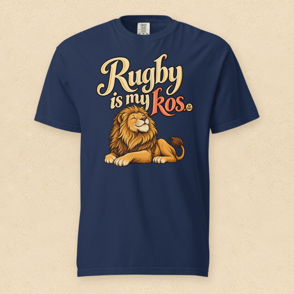 Rugby is my kos — True Navy shirt on cream wall