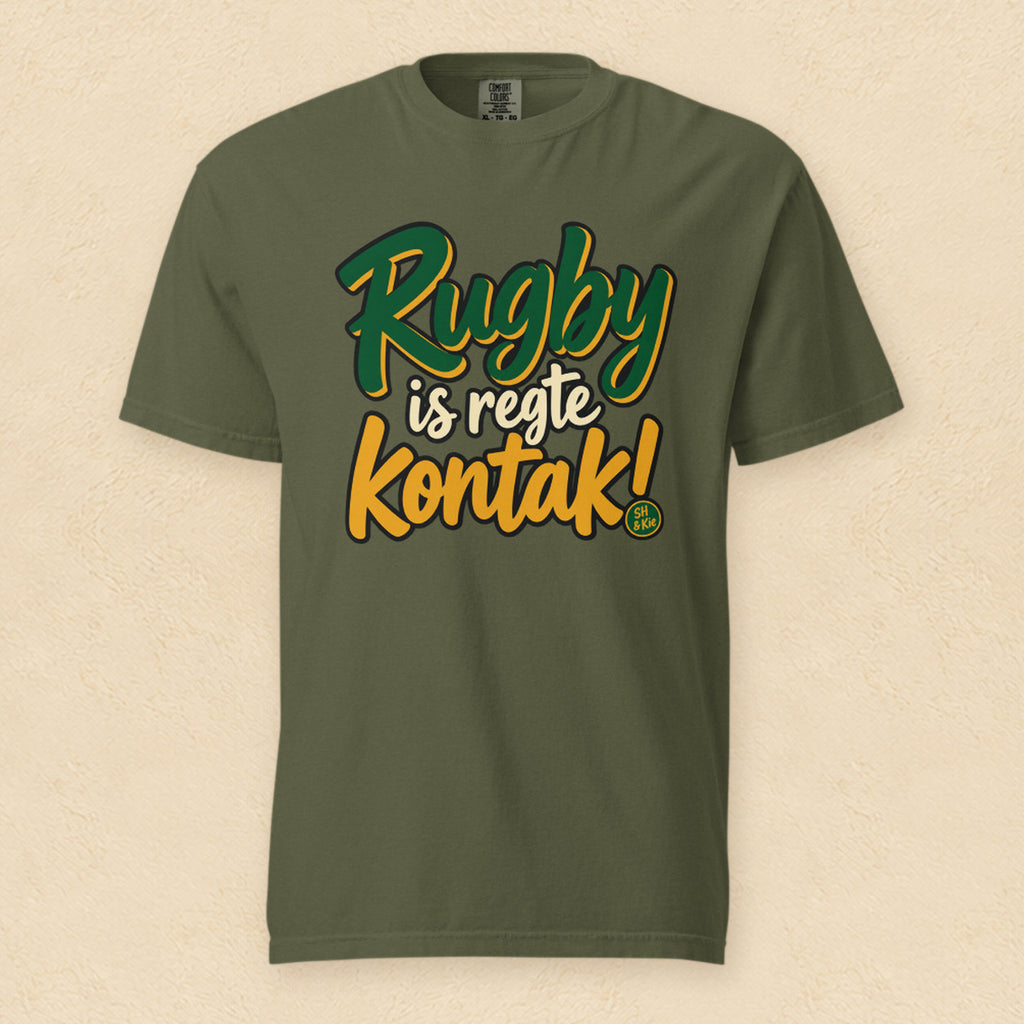 Rugby is regte kontak! — Hemp shirt on cream wall