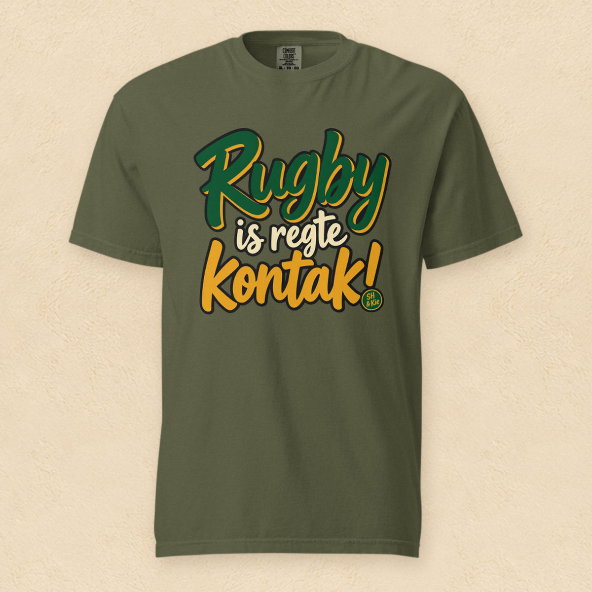 Rugby is regte kontak! — Hemp shirt on cream wall