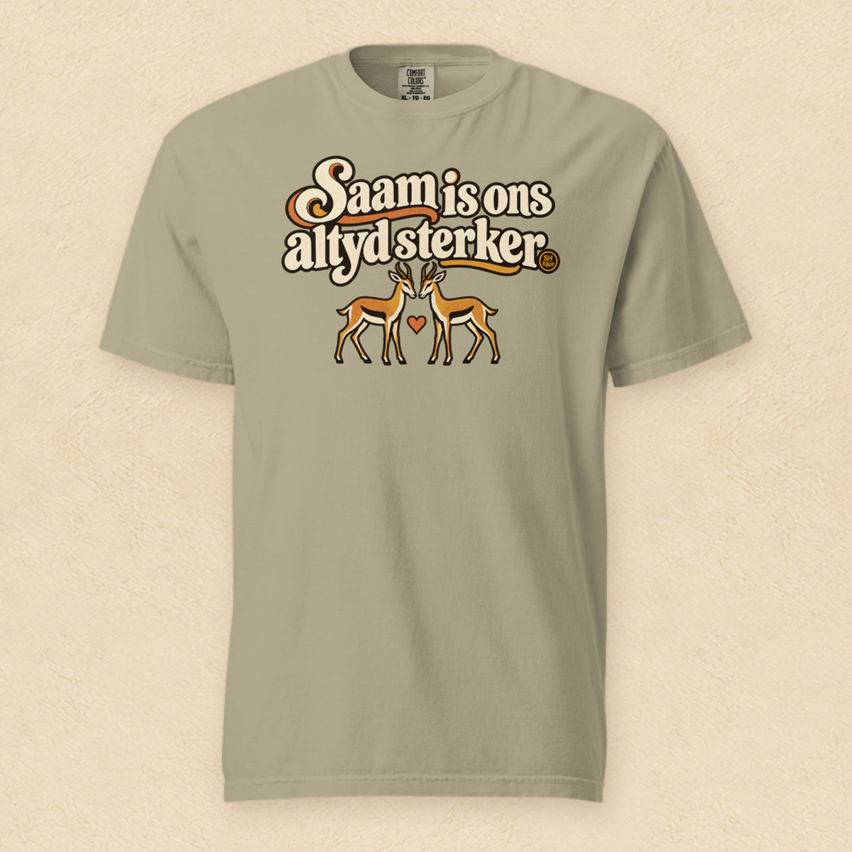 Saam is ons altyd sterker — Khaki shirt on cream wall