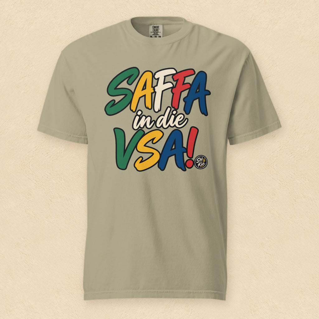 Saffa in die VSA! — Khaki shirt on cream wall