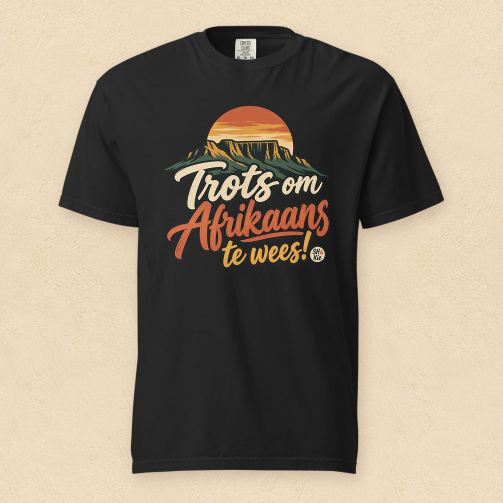 Trots om Afrikaans te wees! — Black shirt on cream wall