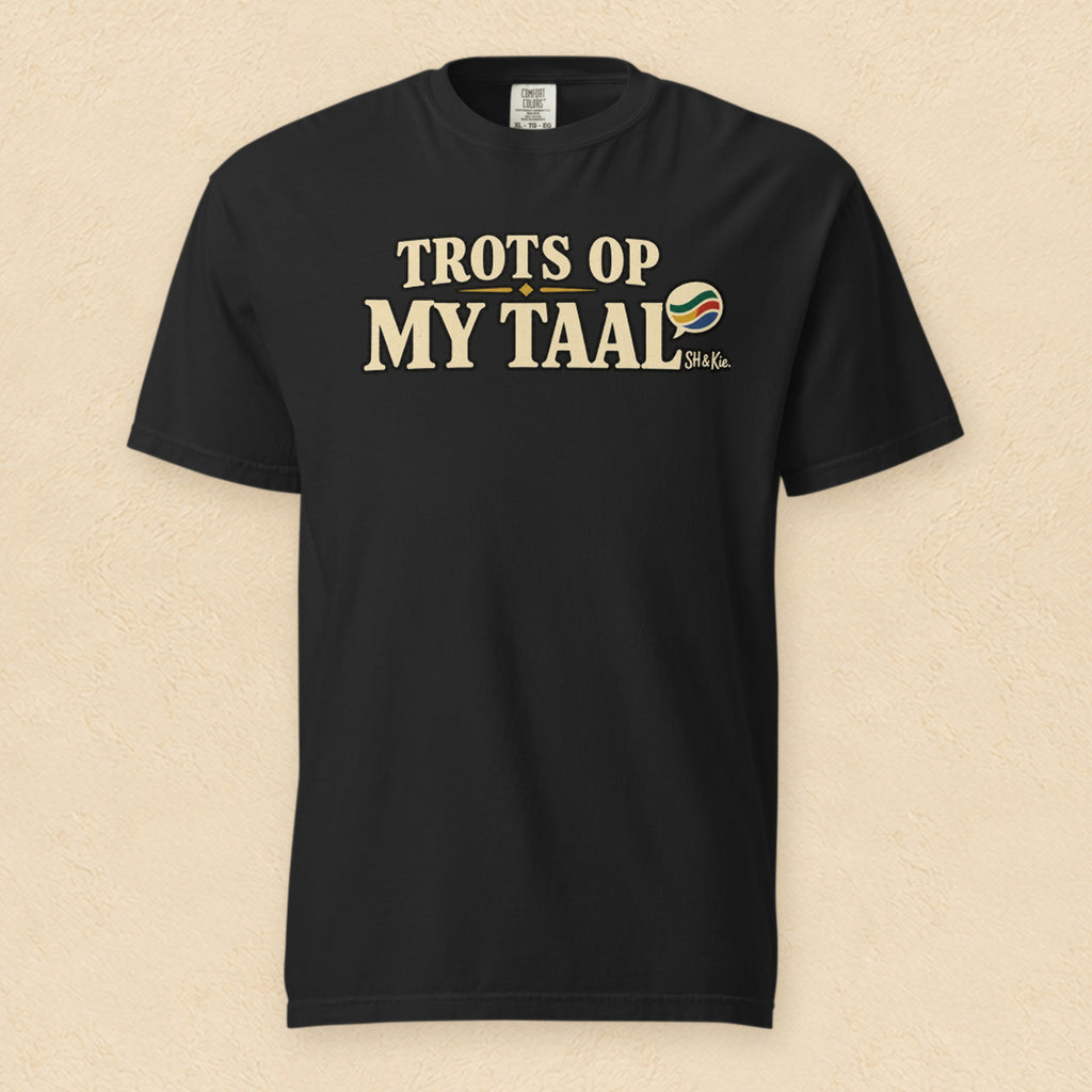 Trots op my taal — Black shirt on cream wall