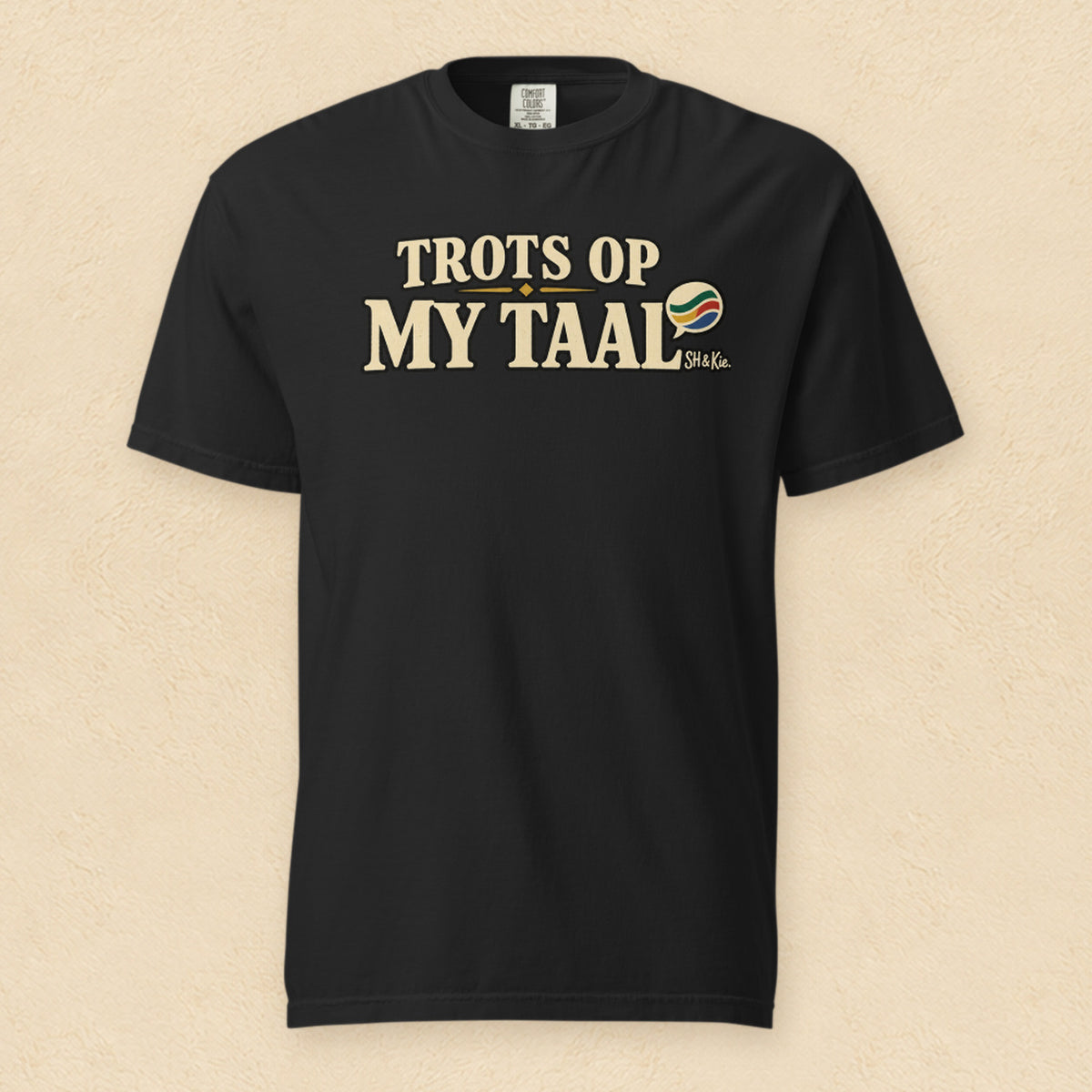 Trots op my taal — Black shirt on cream wall