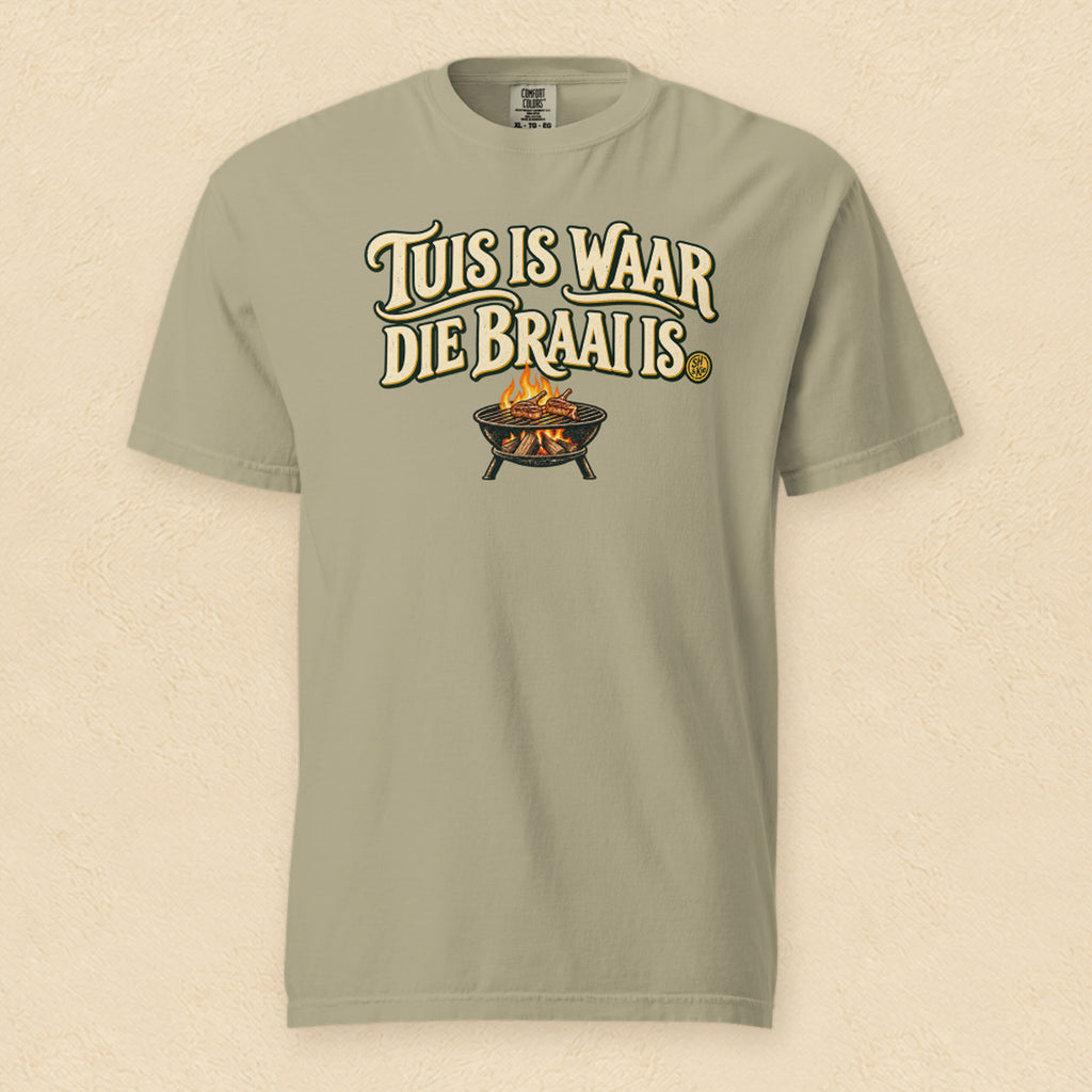 Tuis is waar die braai is — Khaki shirt on cream wall
