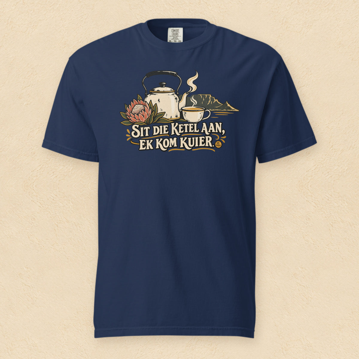 Sit die ketel aan, ek kom kuier — True Navy shirt on cream wall