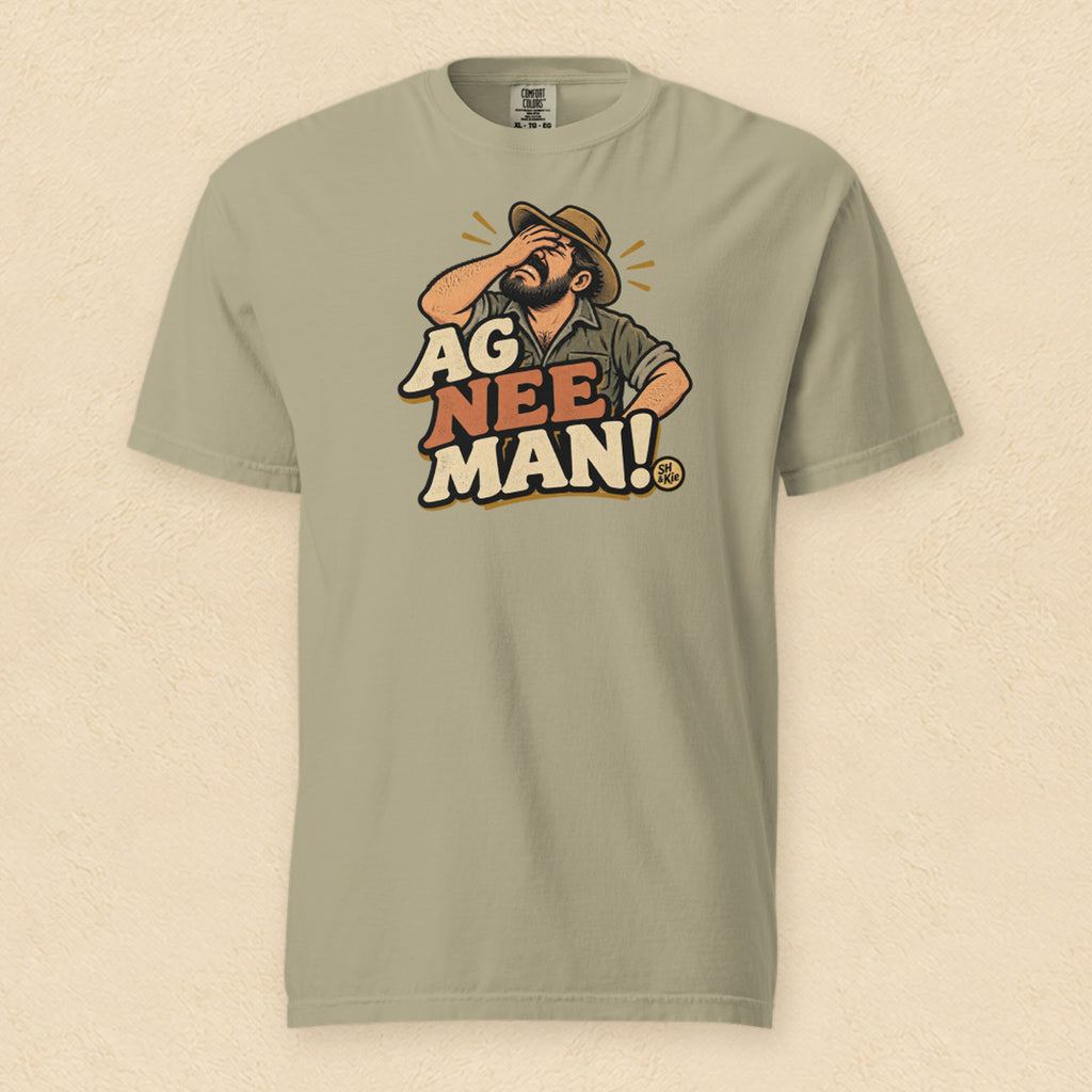 Ag nee man! — Khaki shirt on cream wall