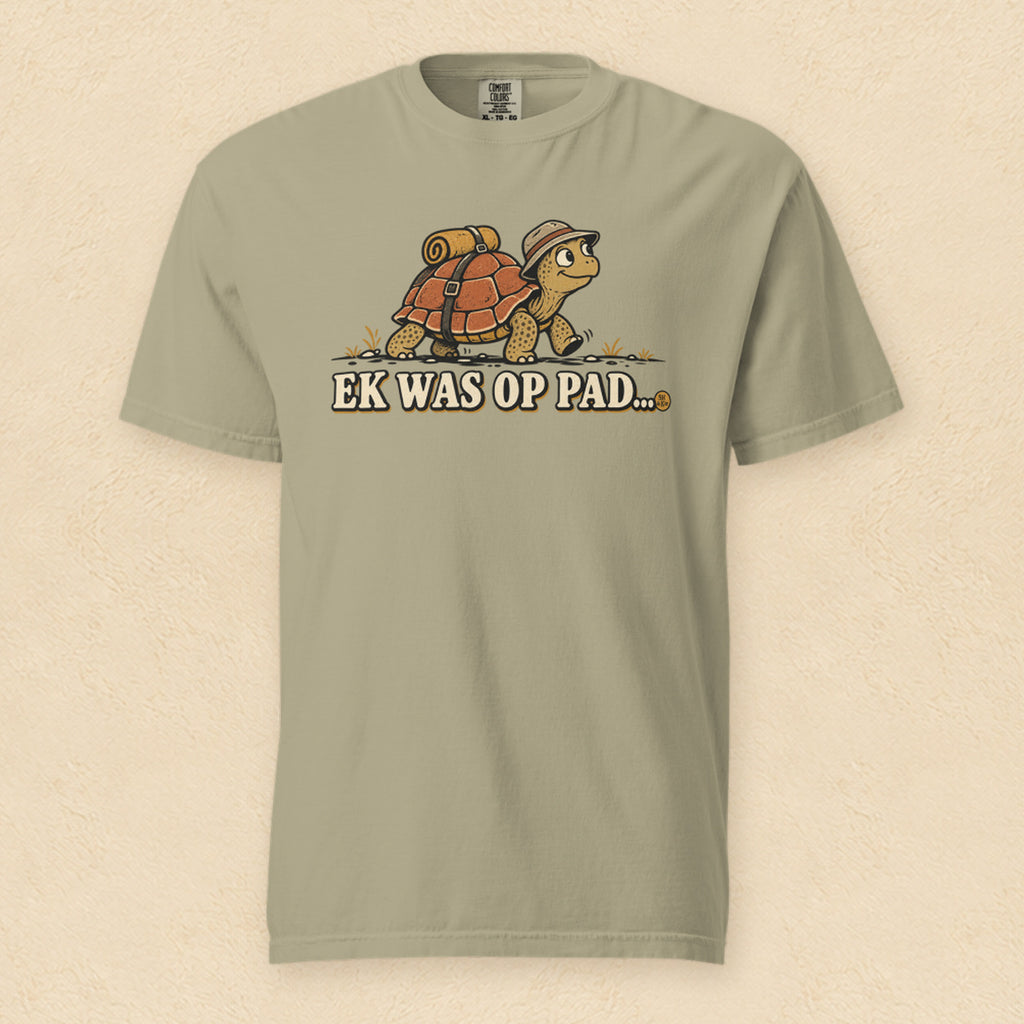 Ek was op pad… — Khaki shirt on cream wall