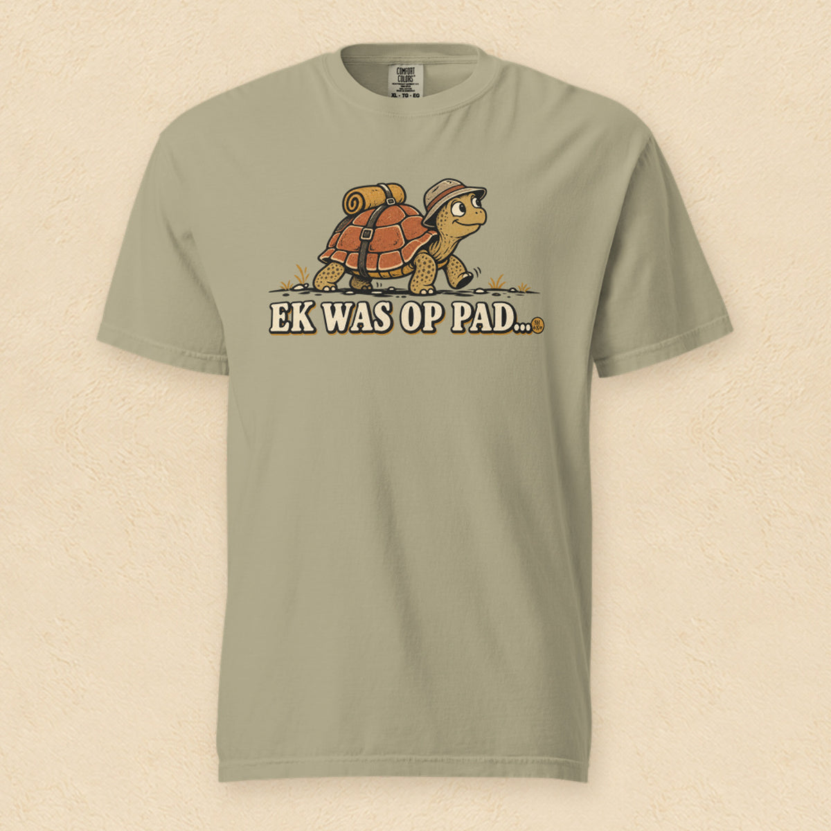Ek was op pad… — Khaki shirt on cream wall
