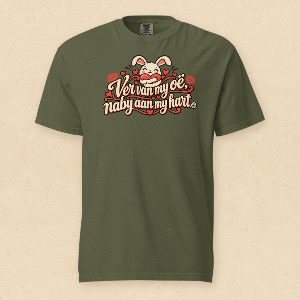 Ver van my oë, naby aan my hart — Hemp shirt on cream wall
